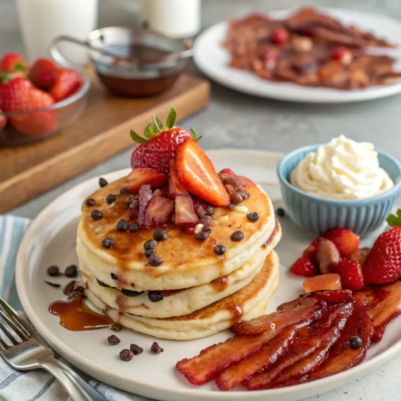 Chocolate chip pancakes served with syrup, fruit, and bacon