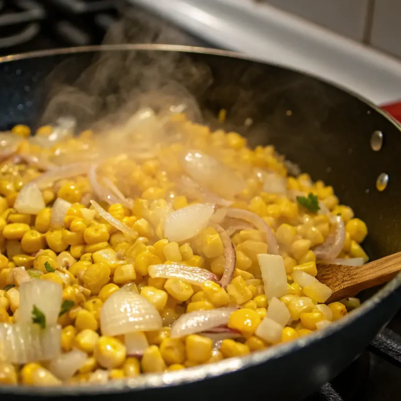 Cooking fried corn in a hot skillet