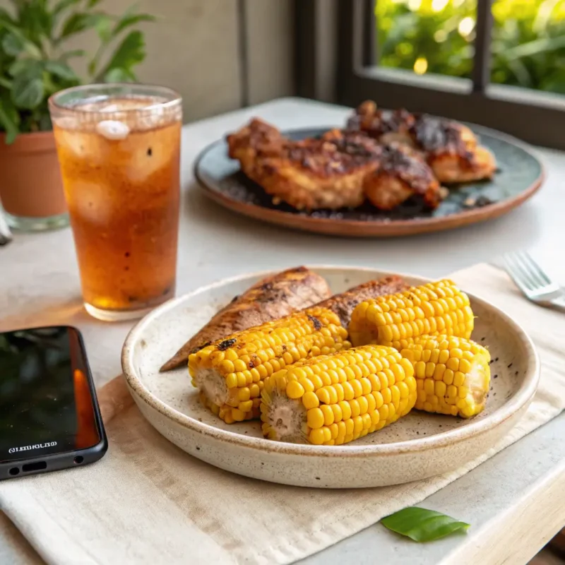 Fried corn served with grilled chicken and iced tea
