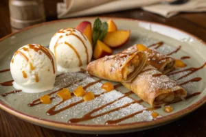 Crispy peach cobbler egg rolls with caramel drizzle