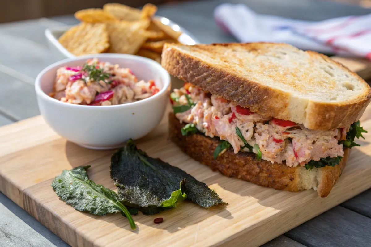 Kimchi tuna sandwich with pickled radish and seaweed chips