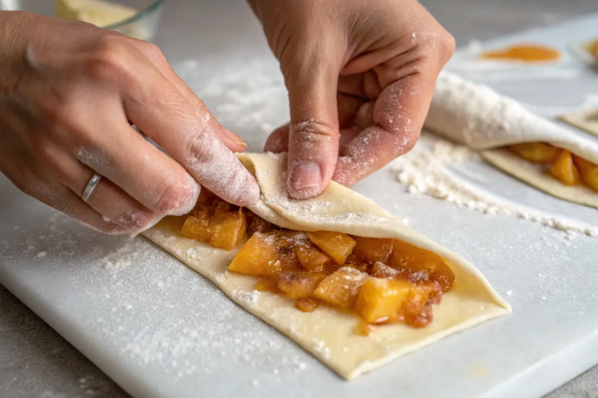 Rolling peach cobbler egg rolls before frying