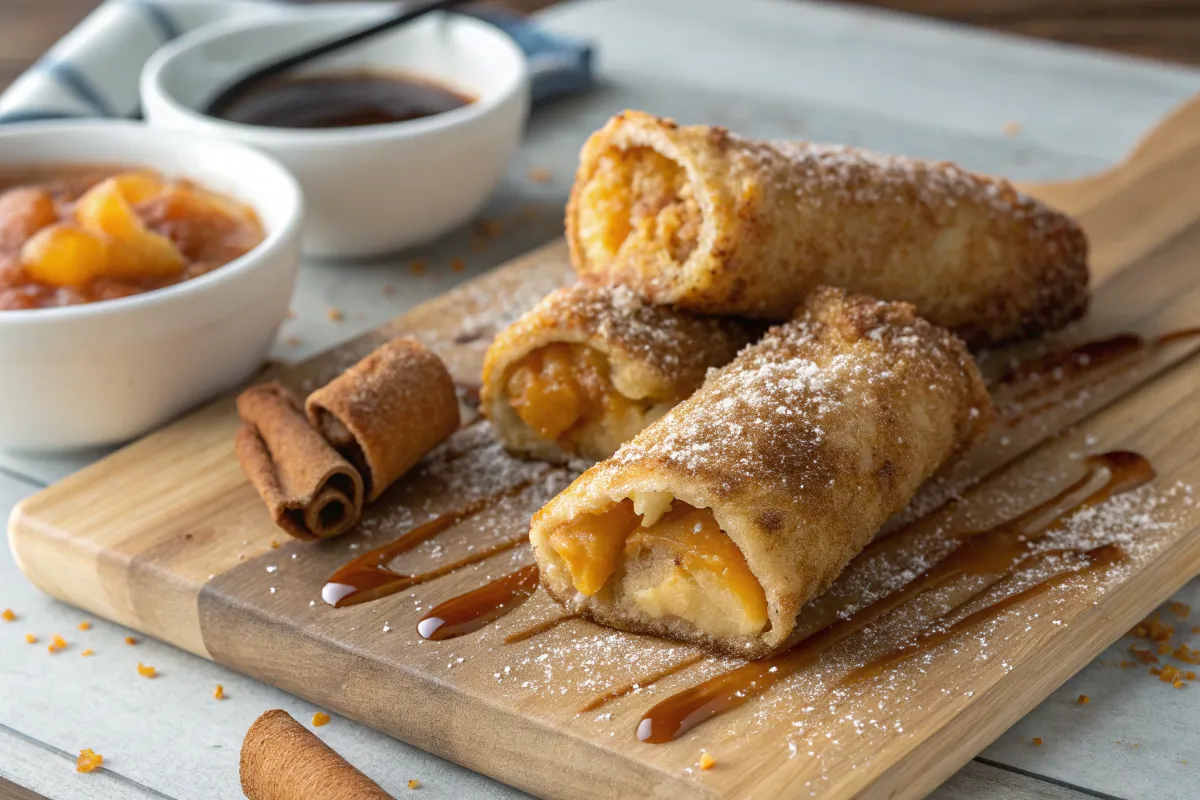 Peach cobbler egg rolls with vanilla ice cream