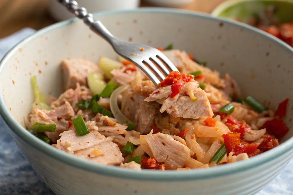 Mixing tuna and kimchi for a flavorful sandwich