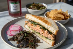 Kimchi tuna sandwich recipe with toasted bread and pickled radish