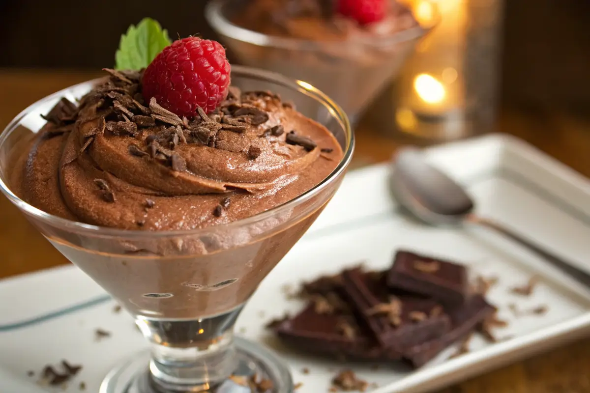 3 ingredient chocolate mousse with chocolate shavings and mint