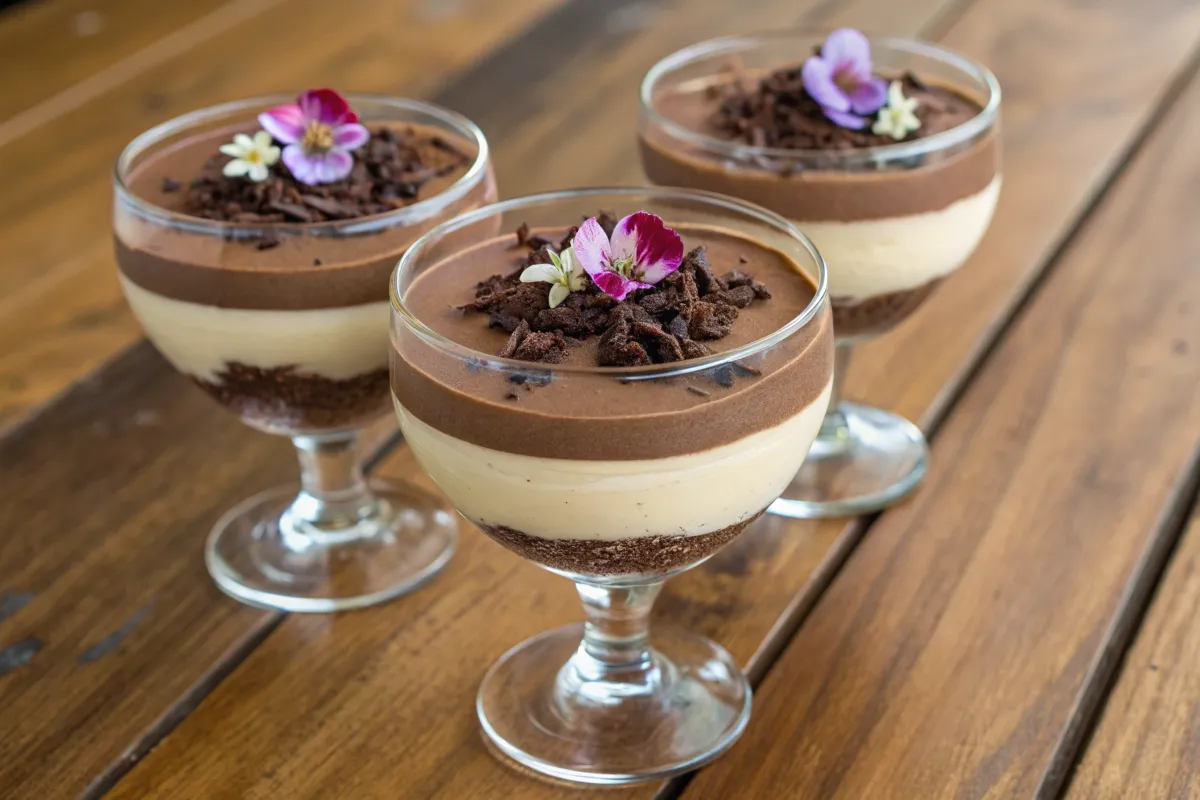 Close-up of cheesecake mousse chocolate dessert in a glass