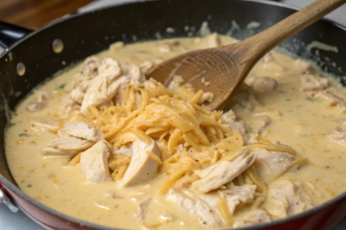 Mixing shredded chicken into creamy cheese sauce