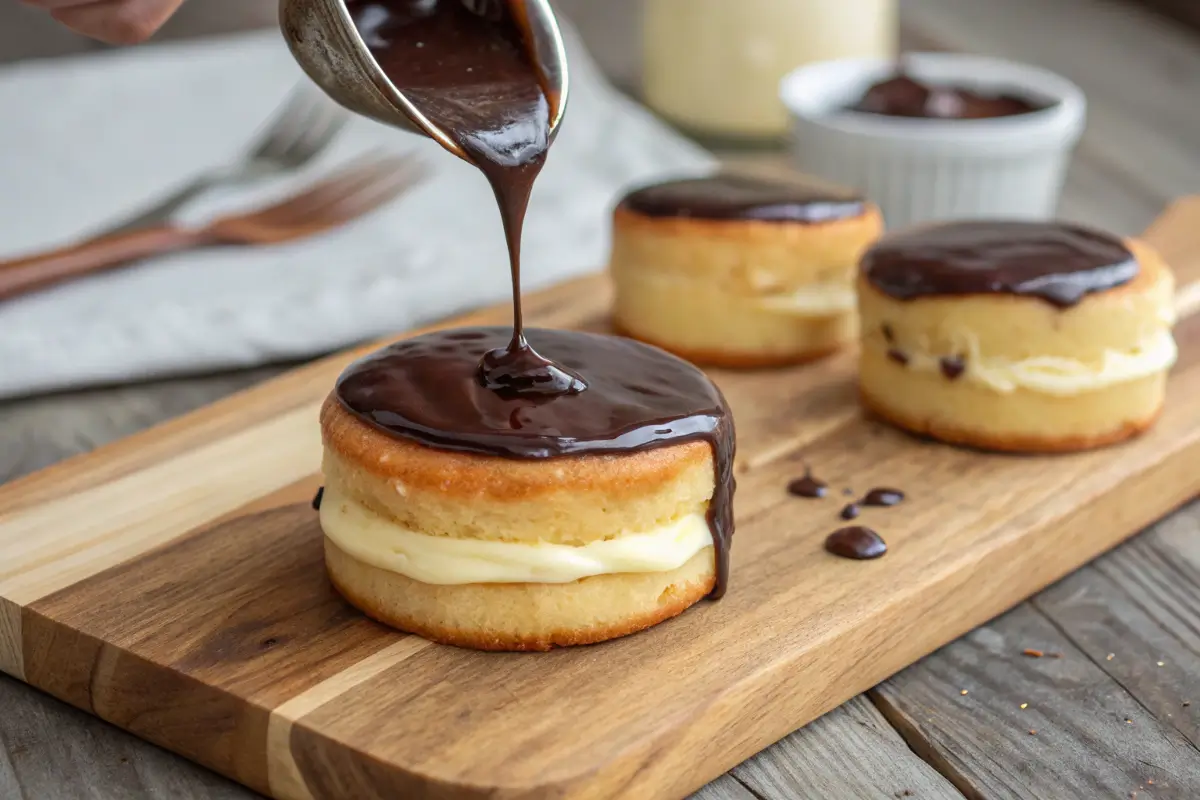 Assembling a Boston Cream Donut Cake with custard filling