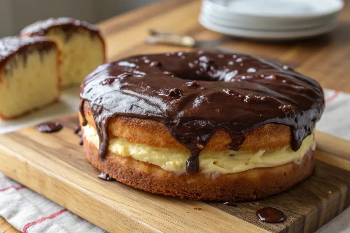 slice of Boston Cream Donut Cake on a plate